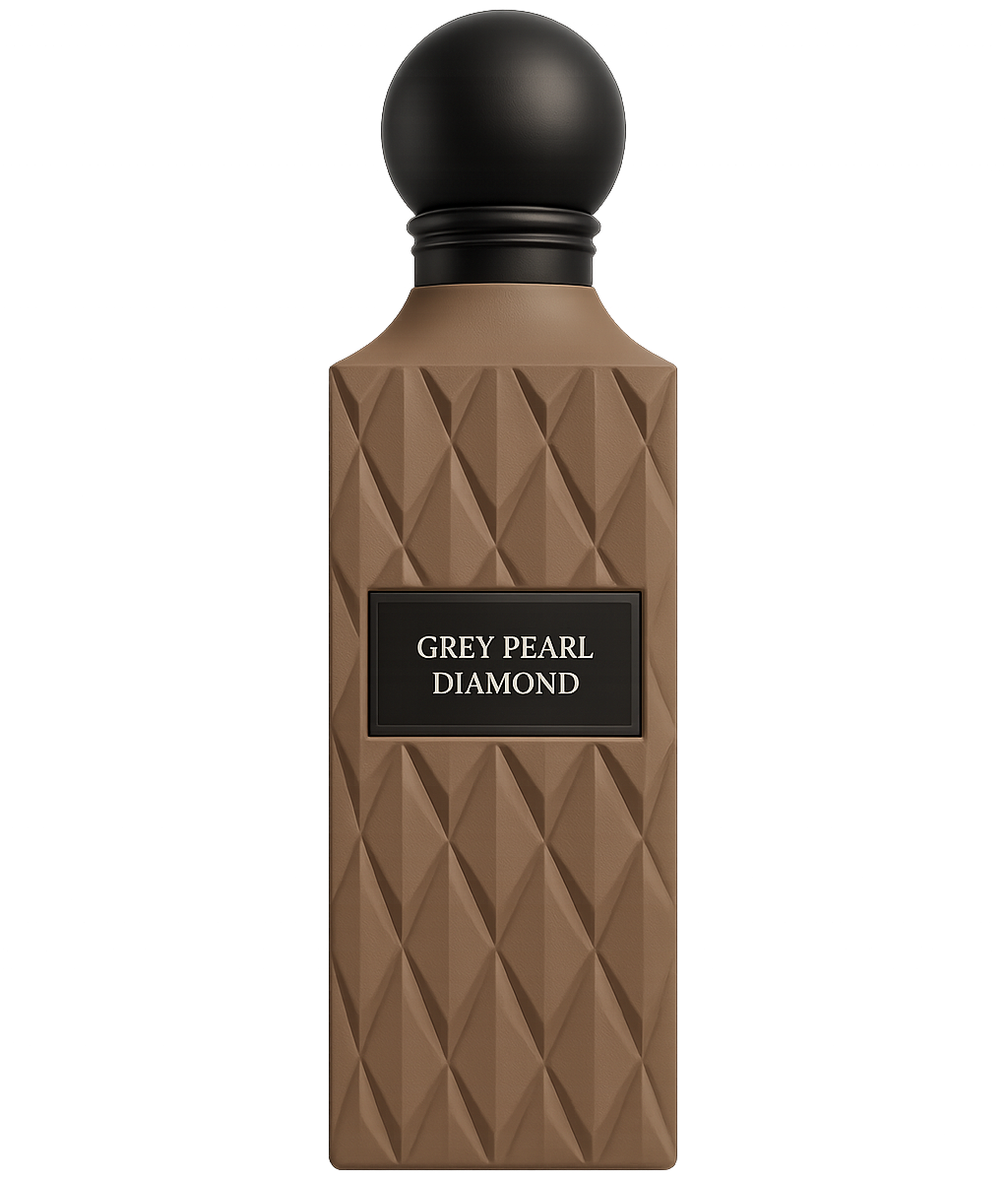 Perfume bottle labeled 'Grey Pearl Diamond' with a textured design on a white background