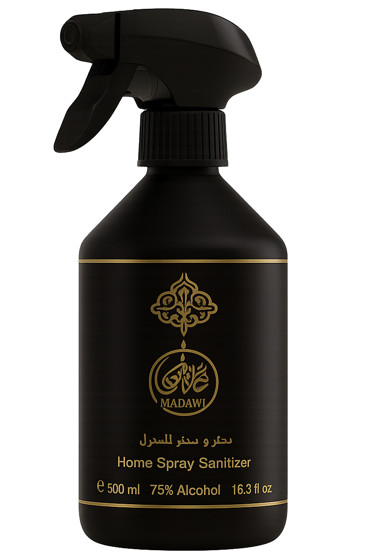 Black spray bottle with gold label on a white background